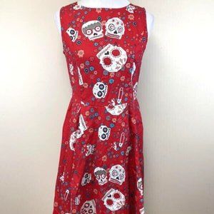 NWT Ninewe L Red Sugar Skull Safety Pin Dress Woven Stretch Halloween